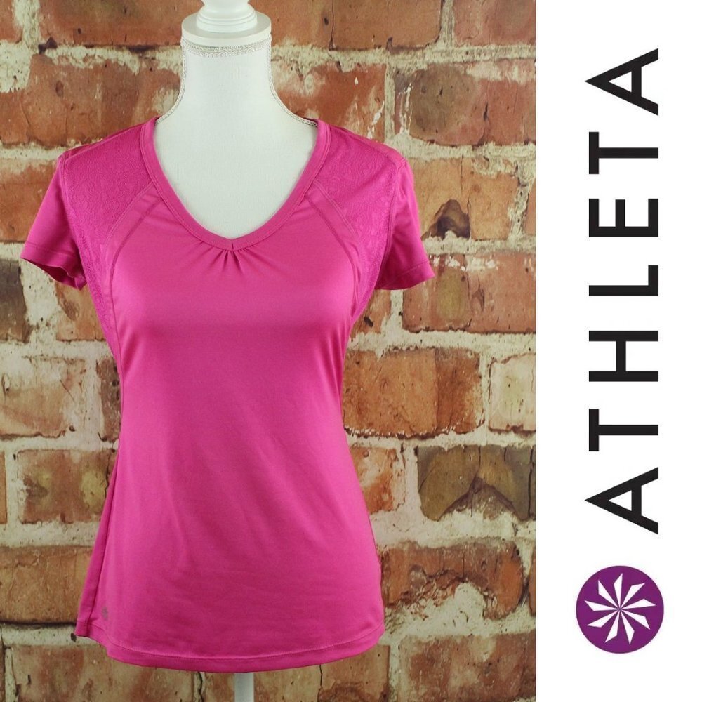 ATHLETA Top Velocity Tee Womens XS V-Neck Hot Pink $54 Style #581717 Active EUC